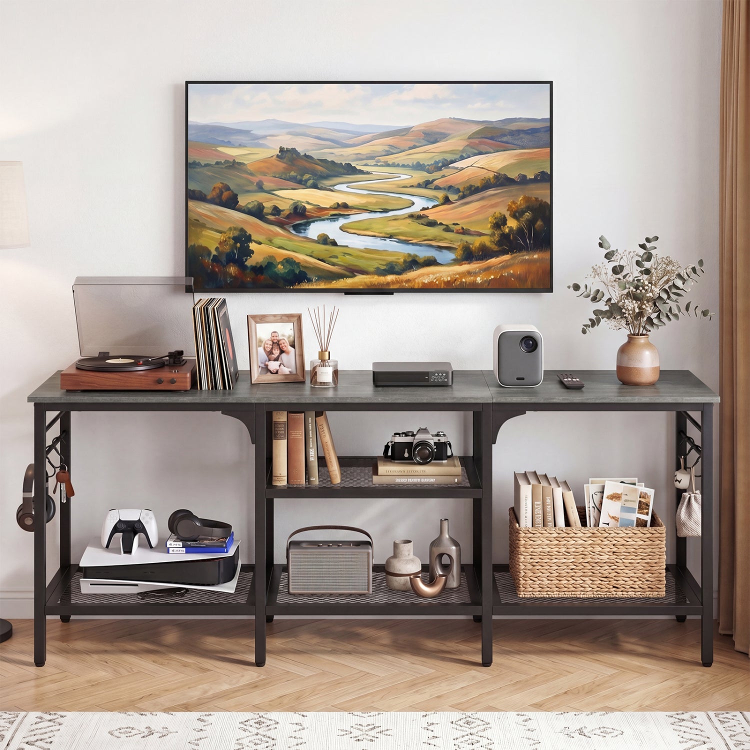 Oak and black TV stand for TVs up to 65 inches with 3 open shelves and 4 hooks, ideal for living room entertainment centers.