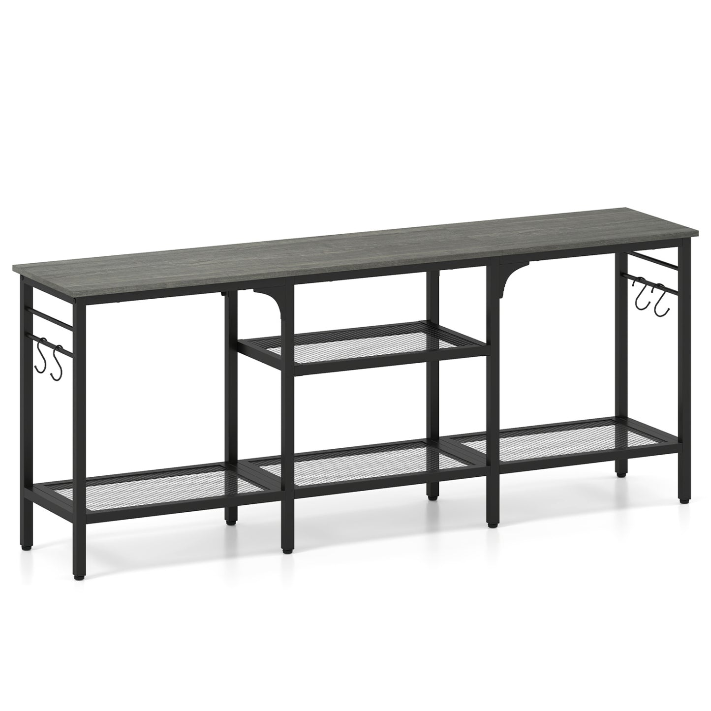 Wood and black TV stand for 65-inch TVs with 3 open shelves and 4 hooks, ideal for living room entertainment centers.