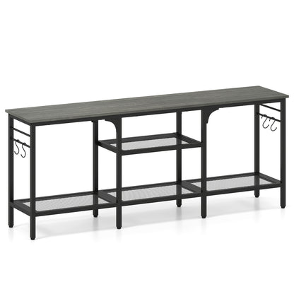 Wood and black TV stand for 65-inch TVs with 3 open shelves and 4 hooks, ideal for living room entertainment centers.