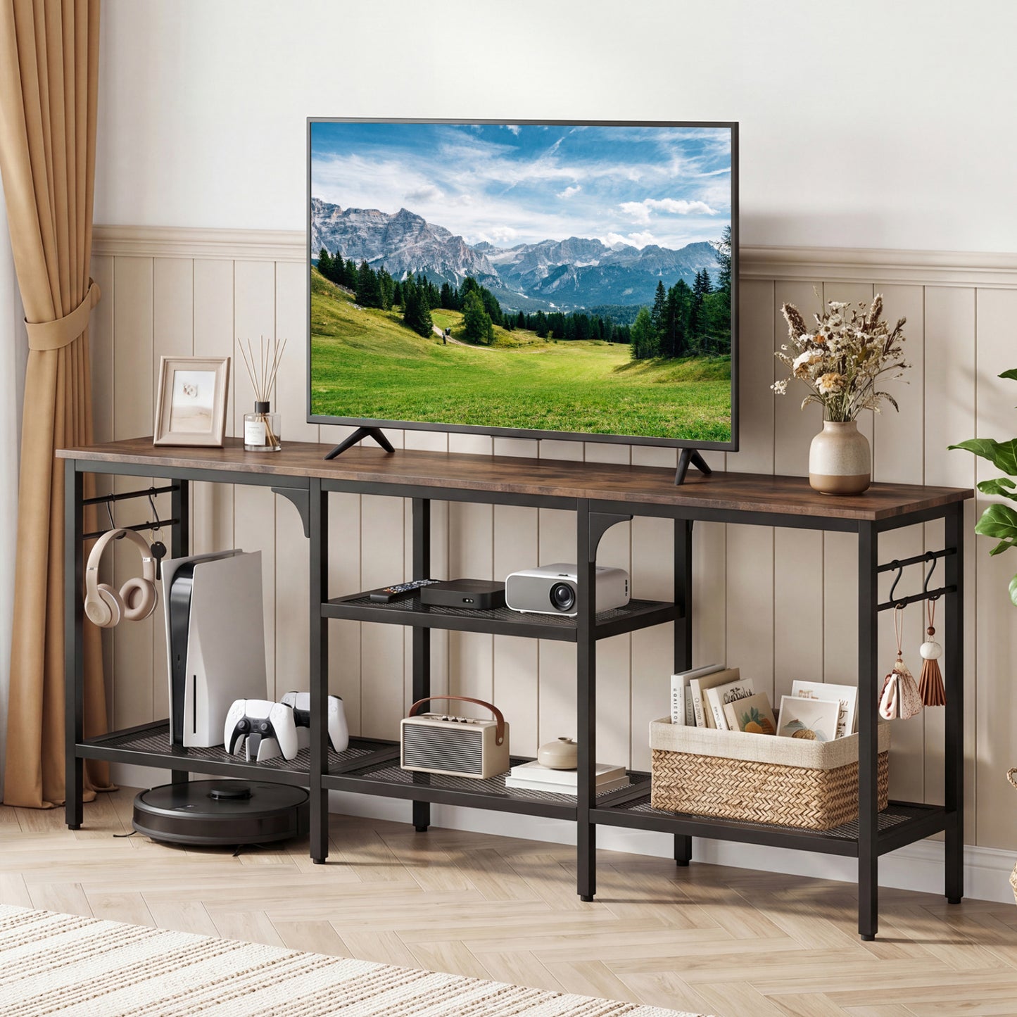 Oak and black TV stand for TVs up to 65 inches with 3-tier open shelves and 4 hooks, modern entertainment center for living room.