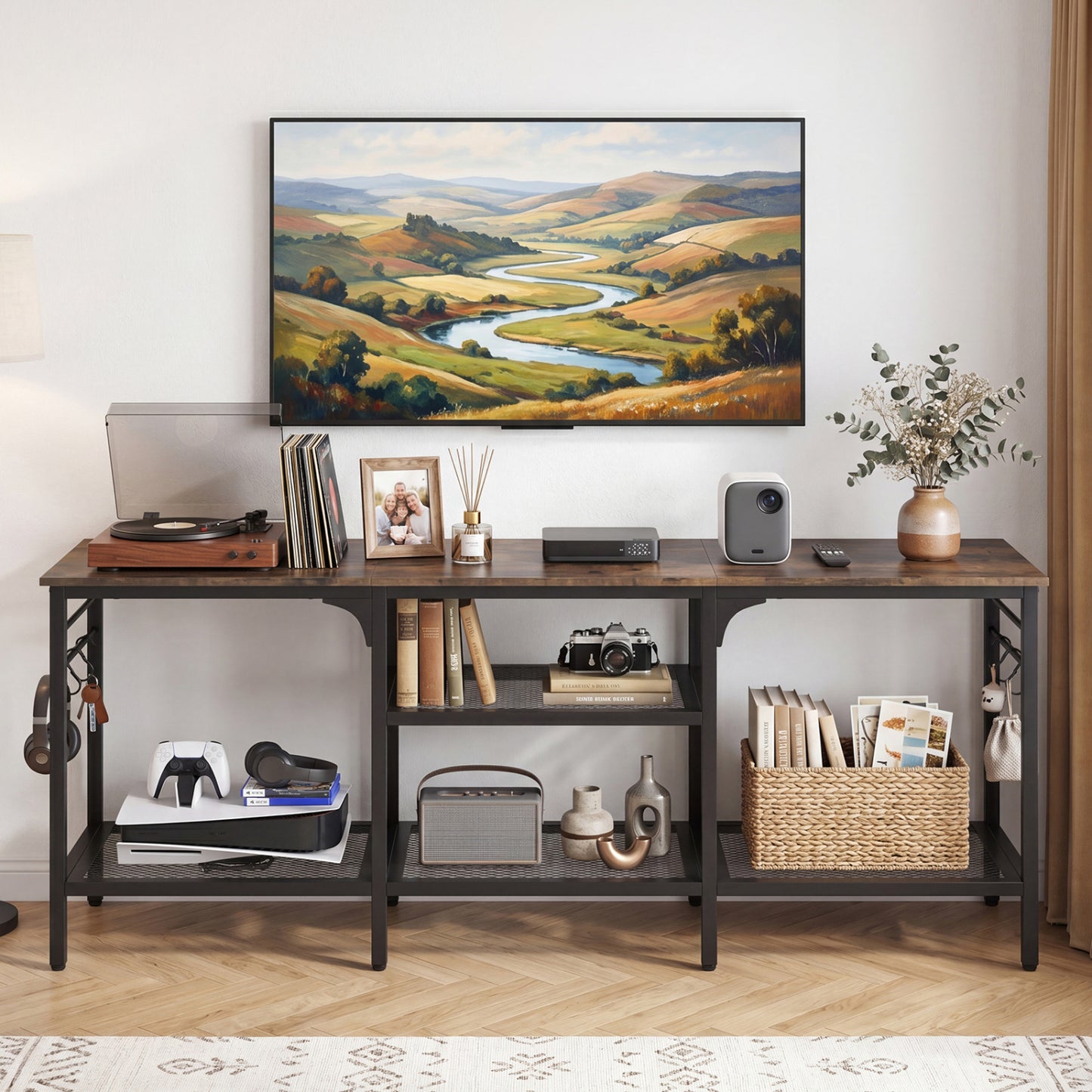 Oak and black TV stand for up to 65-inch TVs with 3 open shelves and 4 hooks, modern furniture for living room entertainment.