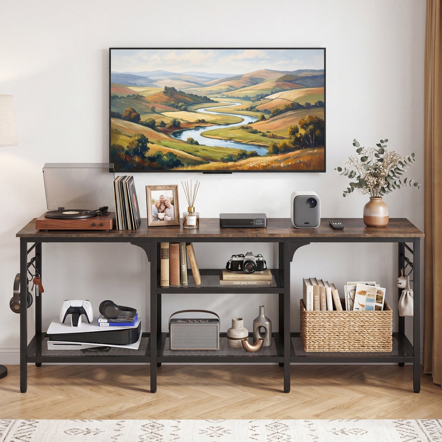 Oak and black TV stand for up to 65-inch TVs with 3 open shelves and 4 hooks, modern furniture for living room entertainment.