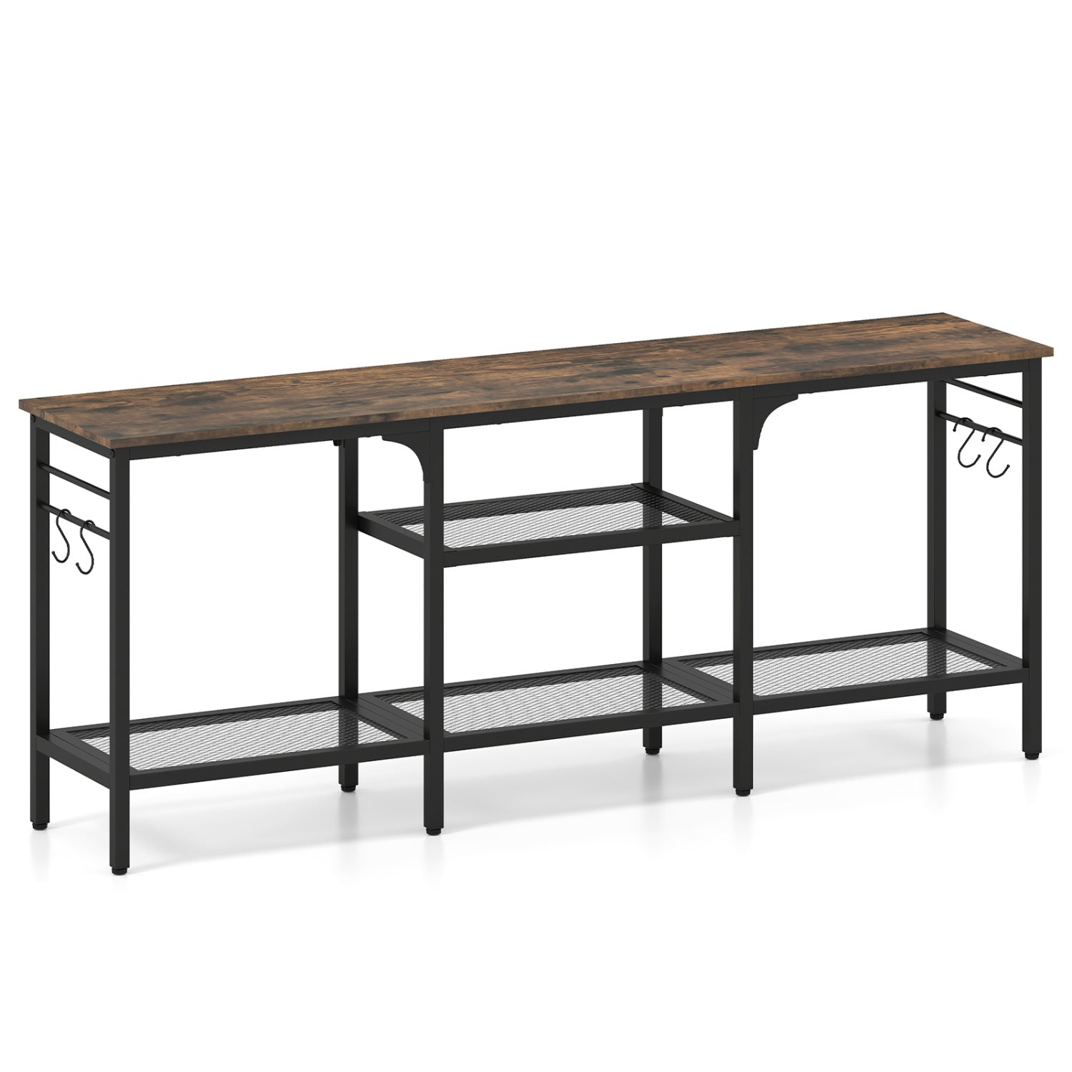 Oak and black TV stand for TVs up to 65 inches with 3-tier open shelves and 4 hooks, ideal for living room entertainment.