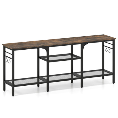 Oak and black TV stand for TVs up to 65 inches with 3-tier open shelves and 4 hooks, ideal for living room entertainment.