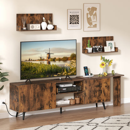 Brown TV stand for TVs up to 85 inches with two wall shelves and charging station, part of Wilsons Home Store entertainment furniture.