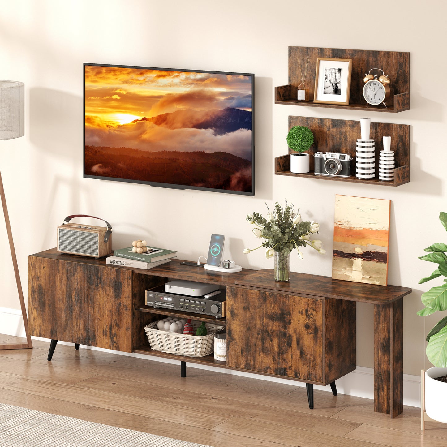 Brown TV stand for TVs up to 85 inches with two wall shelves and charging station, modern entertainment center from Wilsons Home Store.