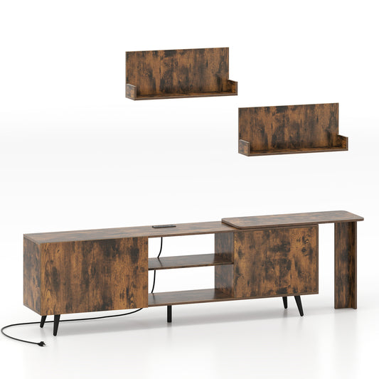 Brown TV stand for TVs up to 85 inches with two wall shelves and charging station, in a modern living room setting.