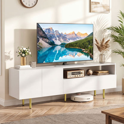 Rustic brown TV stand for TVs up to 70 inches with storage cabinet and raised metal legs, ideal for living room entertainment centers.