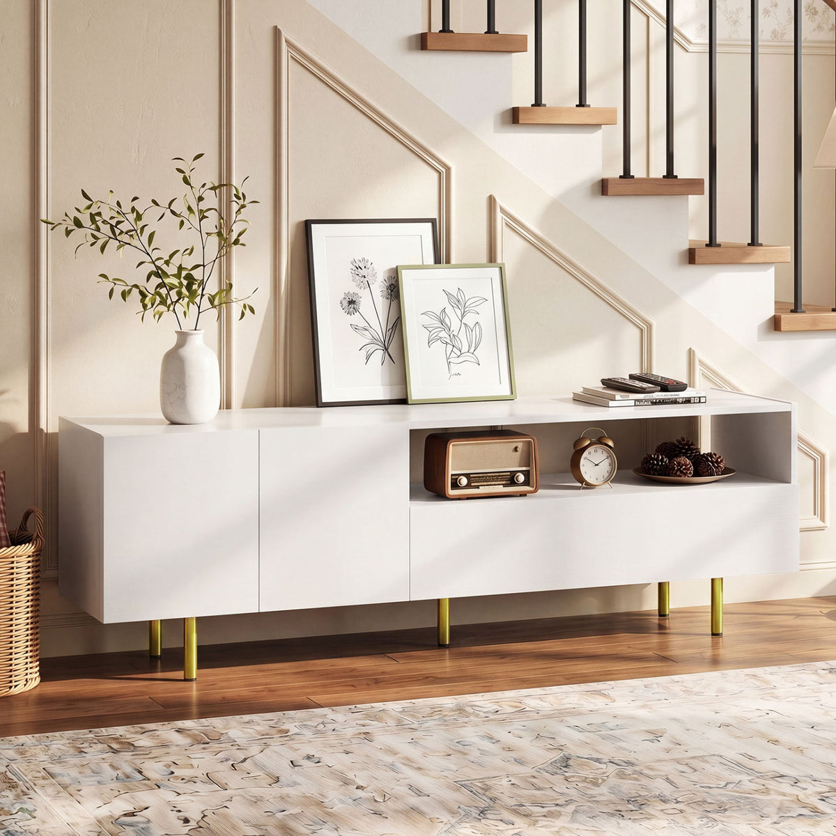 Rustic brown TV stand for 70-inch TVs with storage cabinet and raised metal legs, ideal for living room entertainment.