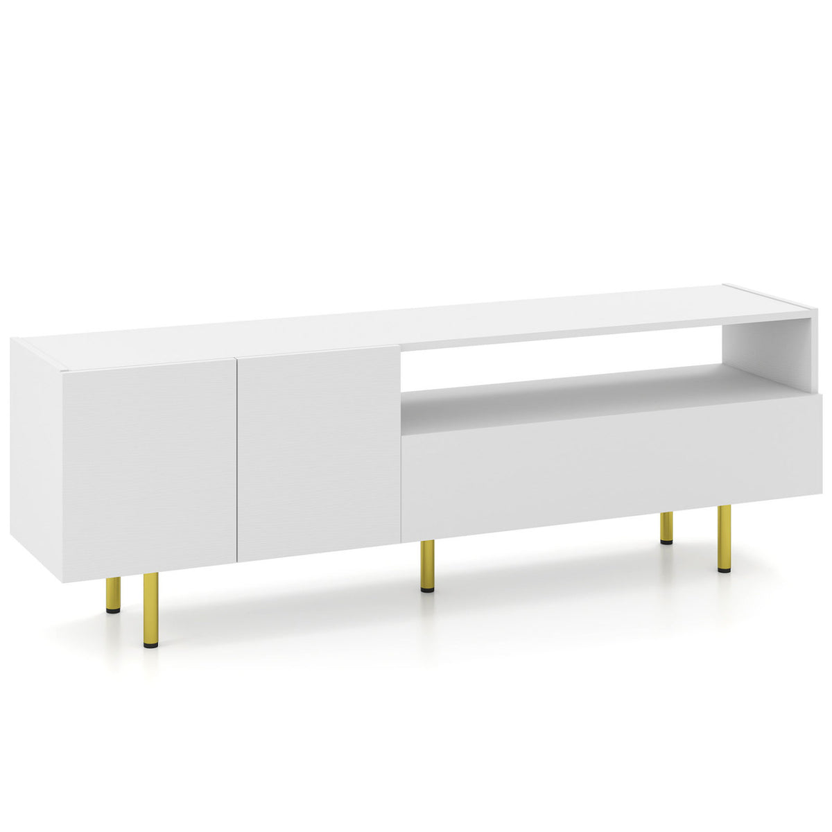 Rustic brown TV stand for TVs up to 70 inches with storage cabinet and raised metal legs, ideal for living room entertainment.