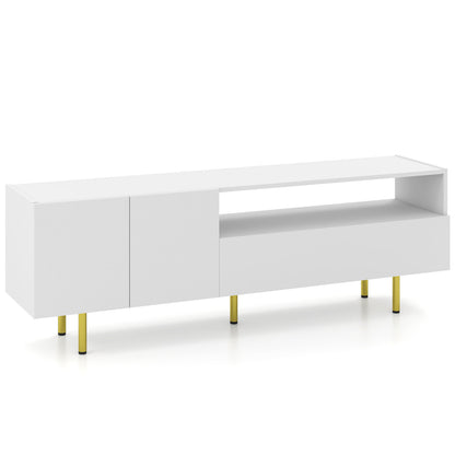 Rustic brown TV stand for TVs up to 70 inches with storage cabinet and raised metal legs, ideal for living room entertainment.