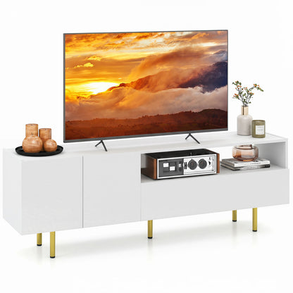 Rustic brown TV stand with storage cabinet and raised metal legs, fits TVs up to 70 inches, ideal for living room entertainment.