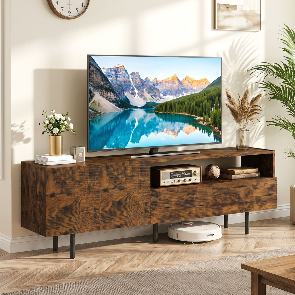 Rustic brown TV stand for up to 70-inch TVs with storage cabinet and raised metal legs for living room entertainment.