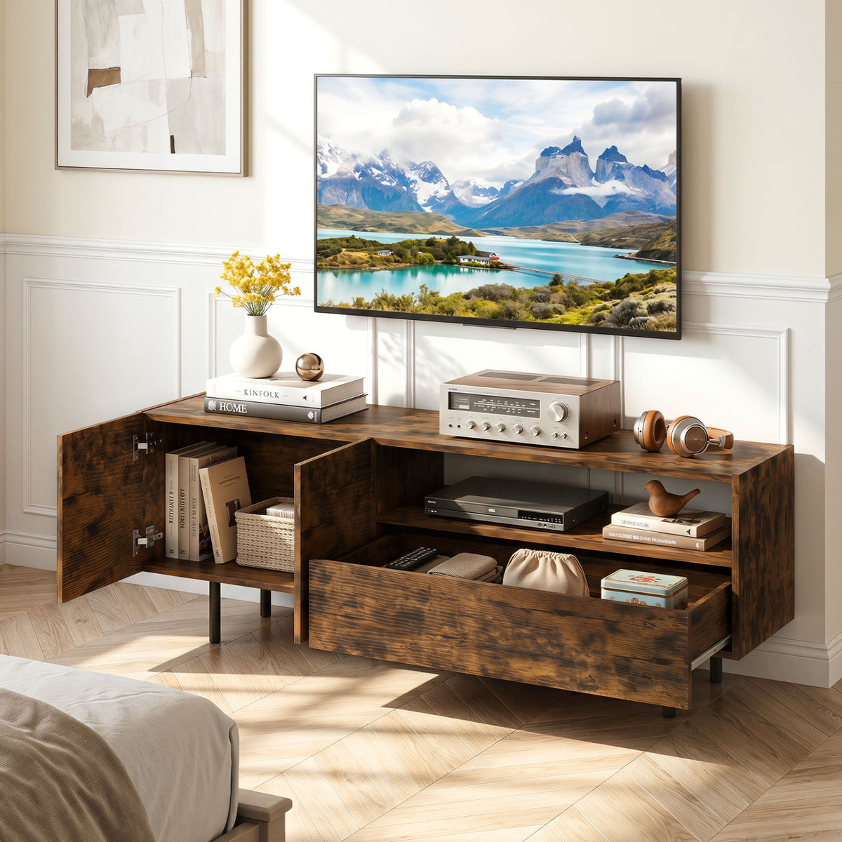 Rustic brown TV stand for TVs up to 70 inches with storage cabinet and raised metal legs, ideal for living room entertainment centers.