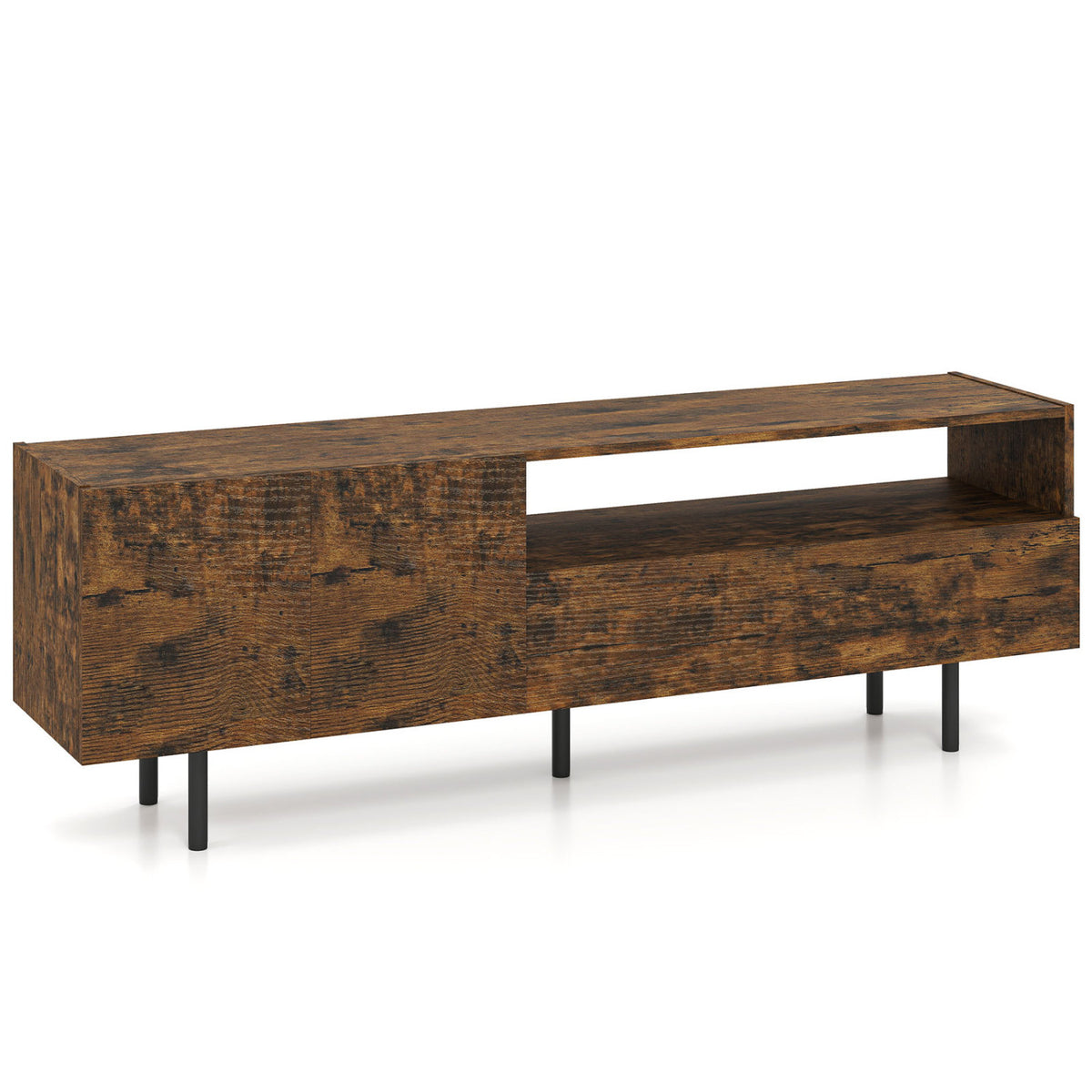 Rustic brown TV stand for up to 70-inch TVs with storage cabinet and raised metal legs, ideal for modern living room furniture.