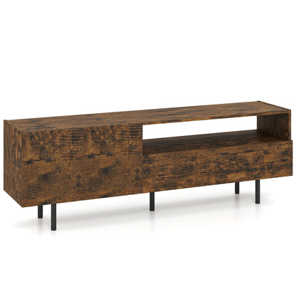 Rustic brown TV stand for up to 70-inch TVs with storage cabinet and raised metal legs, ideal for modern living room furniture.