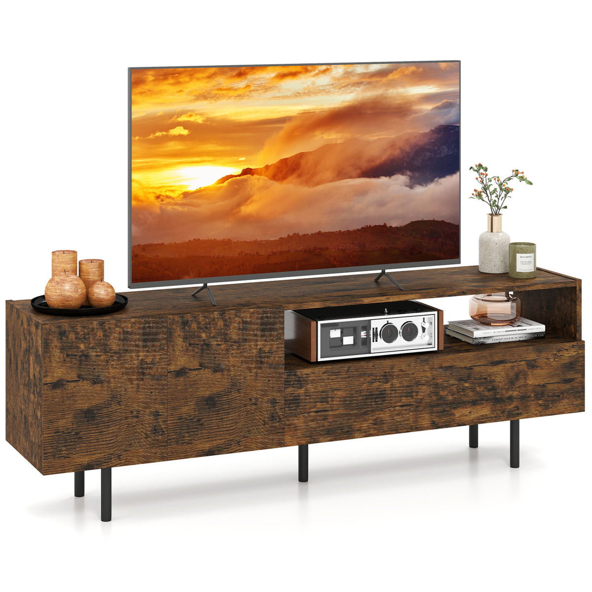 Rustic brown TV stand for up to 70-inch TVs with storage cabinet and raised metal legs, perfect for modern living rooms.