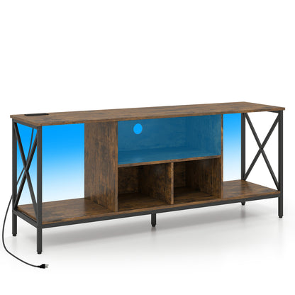 Black TV stand with LED lights for 65-inch TVs, featuring power outlets and modern entertainment center design.
