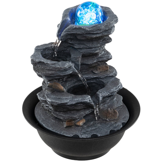 Decorative tabletop water fountain with rolling crystal ball and color-changing LED light, perfect for home decor.