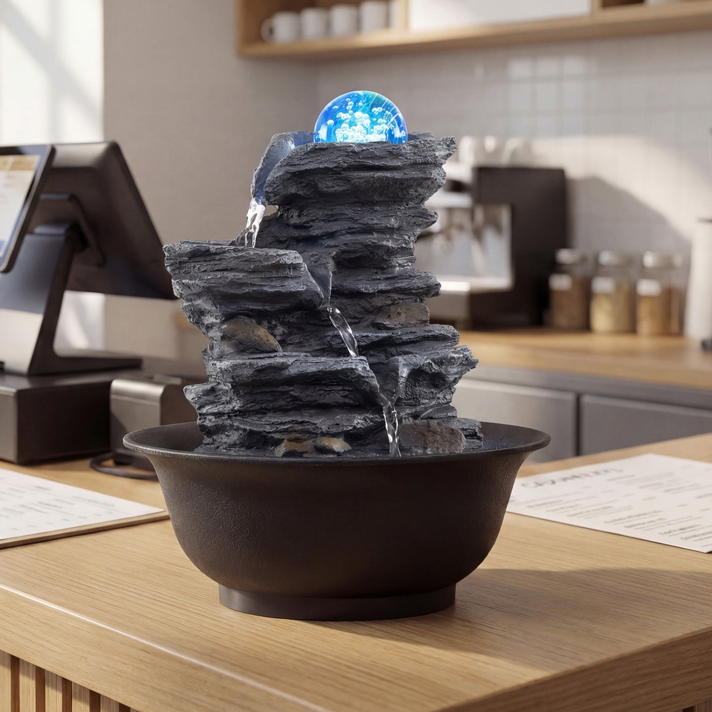 Tabletop Water Fountain with Rolling Crystal Ball and Color-Changing LED Light-C