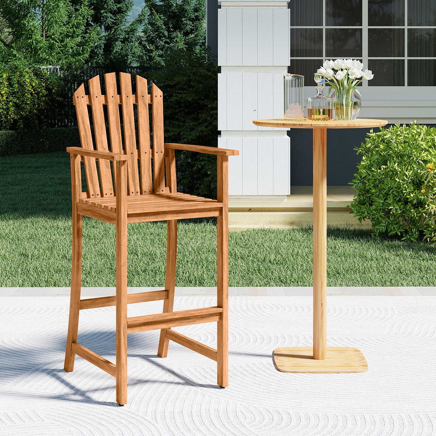 Tall Adirondack Chair with Armrests and Footrest for Deck-Natural