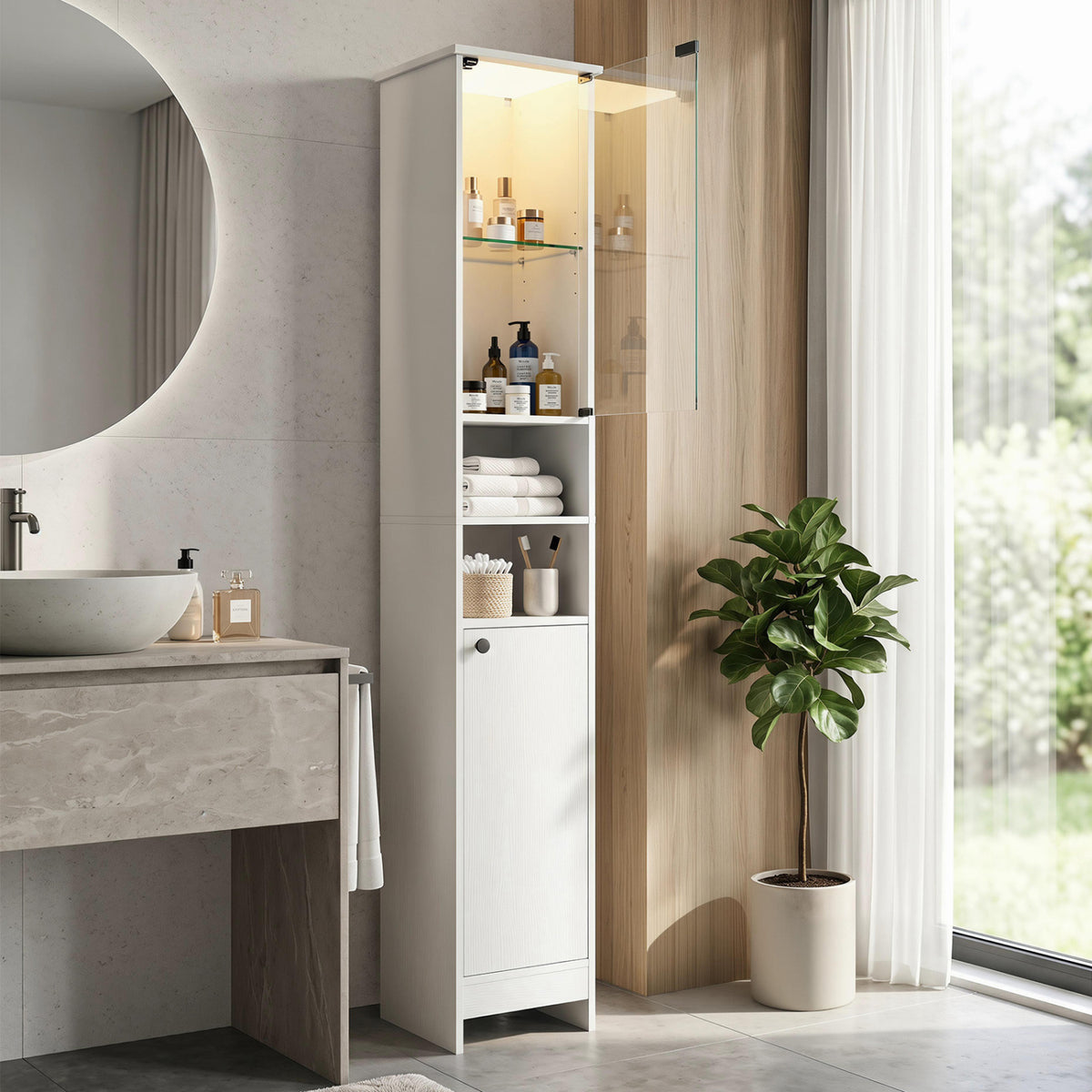 Tall white bathroom storage cabinet with LED lights and adjustable shelves, by Direct by Wilsons Home Store, for organized bathroom storage