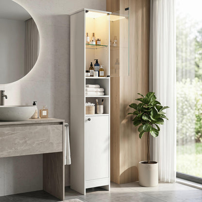 Tall white bathroom storage cabinet with LED lights and adjustable shelves, by Direct by Wilsons Home Store, for organized bathroom storage