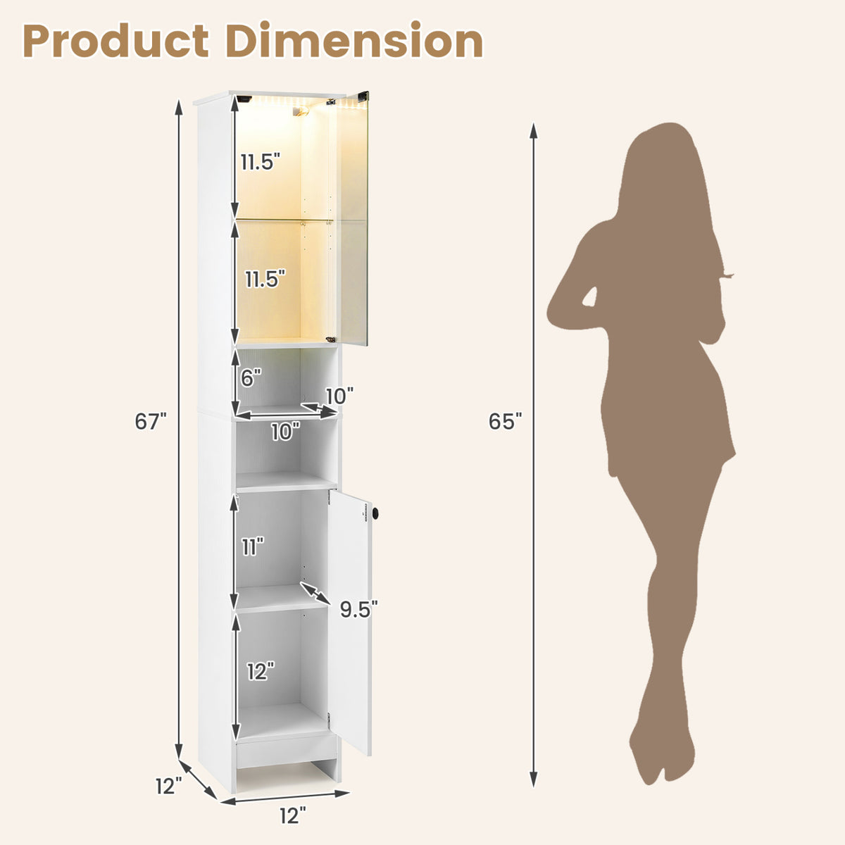 Tall white bathroom storage cabinet with LED lights and adjustable shelves, from Wilsons Home Store, for organized bathroom storage.