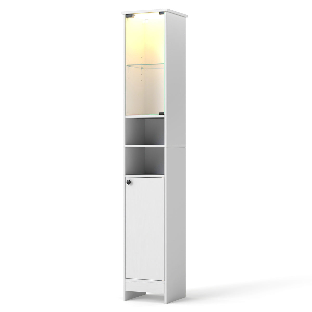 White tall bathroom storage cabinet with LED lights and adjustable shelves, from Wilsons Home Store, designed for bathroom organization.