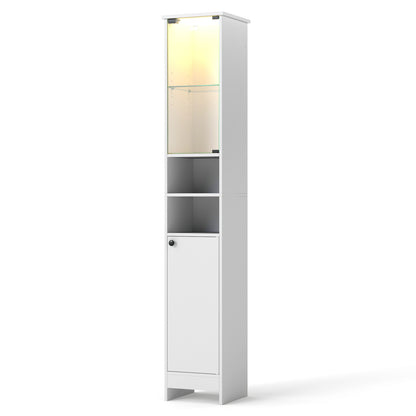 White tall bathroom storage cabinet with LED lights and adjustable shelves, from Wilsons Home Store, designed for bathroom organization.