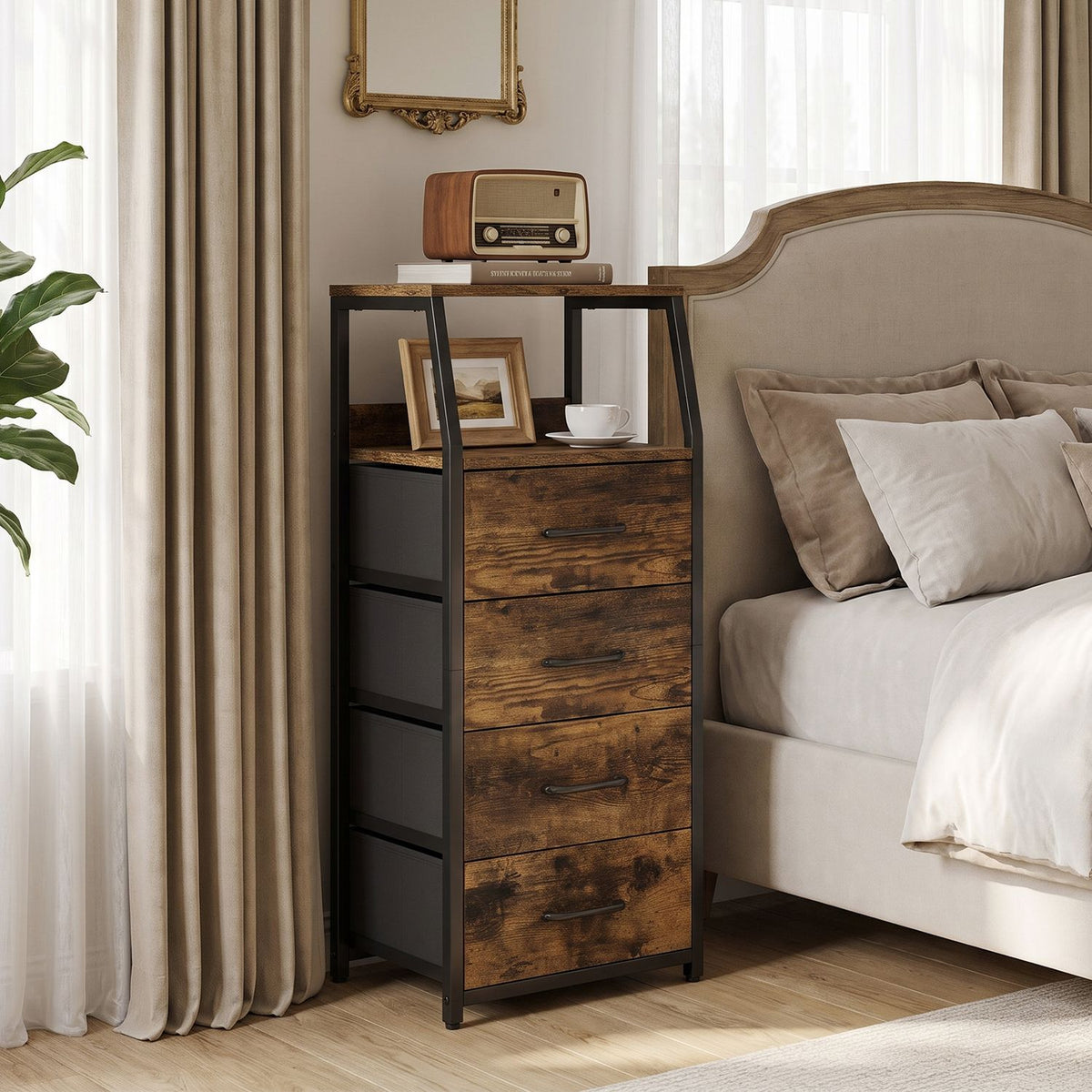 Tall Dresser with 4 Fabric Drawers and Metal Frame for Bedroom-Black