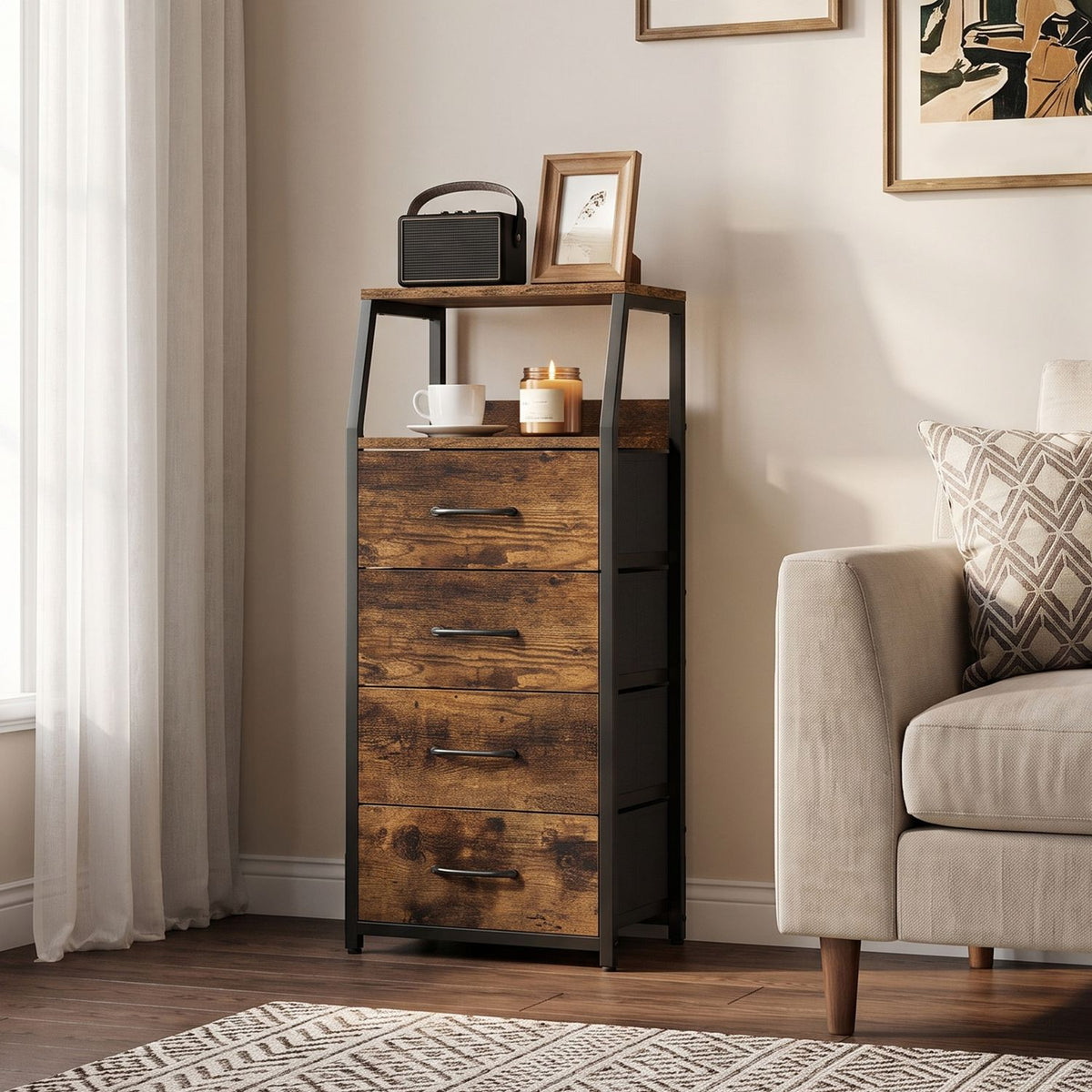 Tall Dresser with 4 Fabric Drawers and Metal Frame for Bedroom-Black