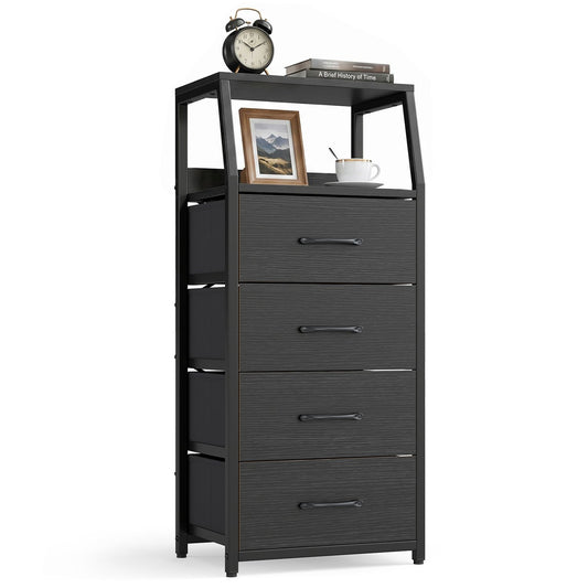 Black tall dresser with four fabric drawers and metal frame, ideal for bedroom storage and organization.