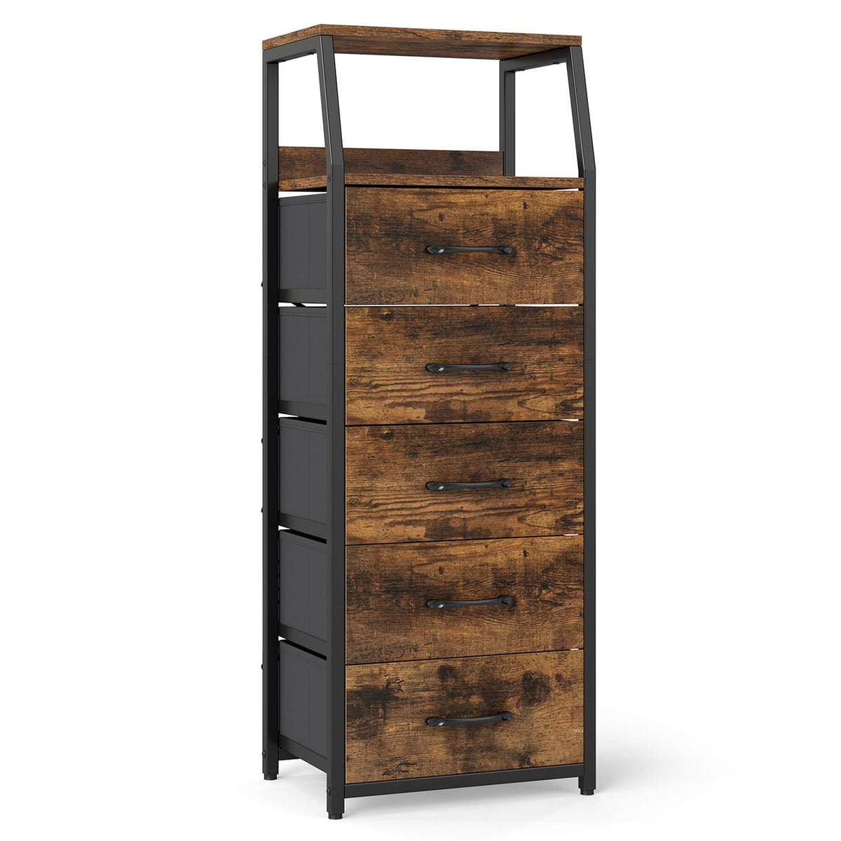 Black tall dresser with five fabric drawers, bedroom furniture by Wilsons Home Store featuring a sturdy 7-tier nightstand design.