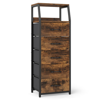 Black tall dresser with five fabric drawers, bedroom furniture by Wilsons Home Store featuring a sturdy 7-tier nightstand design.