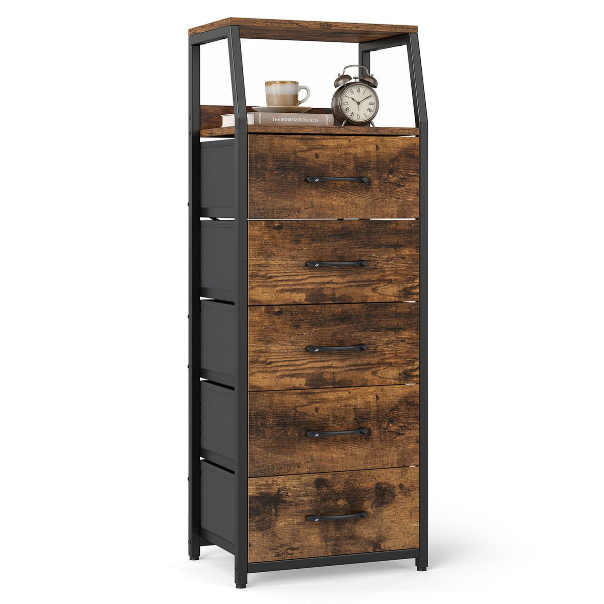 Black tall dresser with five fabric drawers, bedroom furniture by Wilsons Home Store, 7-tier nightstand chest of drawers.