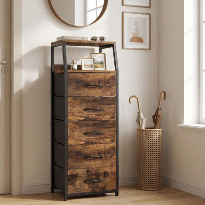 Black tall dresser with five fabric drawers, bedroom storage chest, 7-tier nightstand, by Wilsons Home Store.