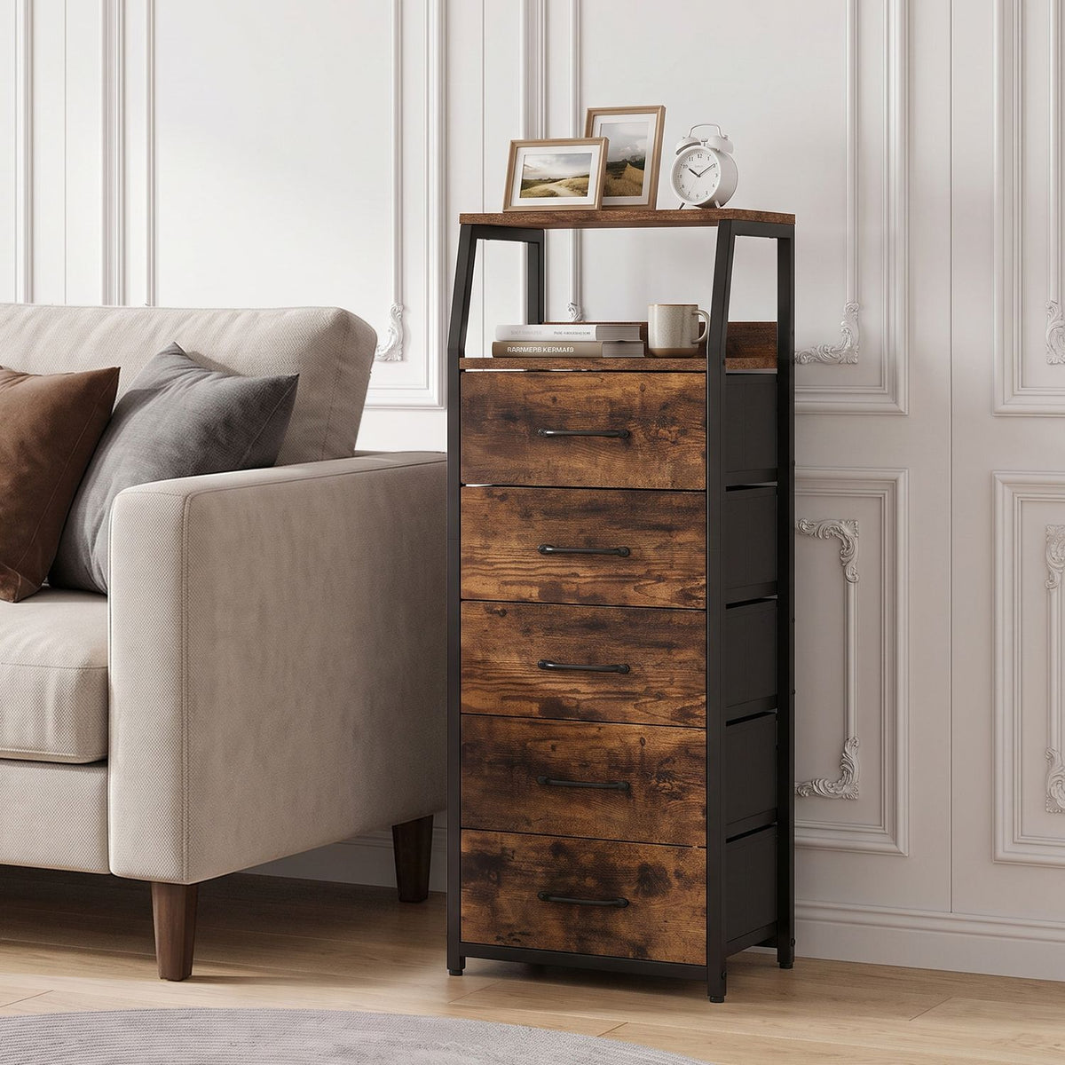 Black tall dresser with five fabric drawers, bedroom storage chest, 7-tier nightstand, modern furniture by Wilsons Home Store