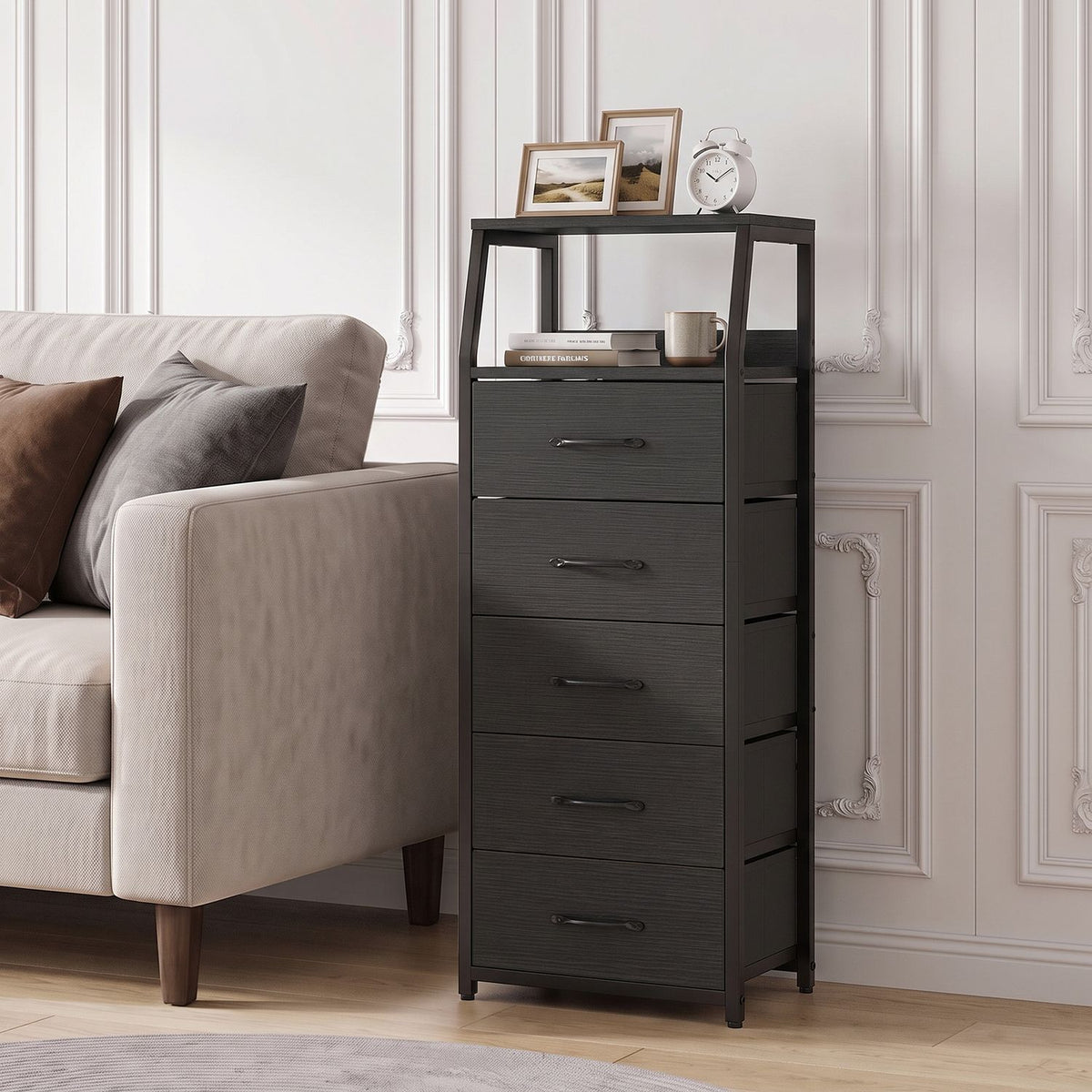 Black tall dresser with five fabric drawers, bedroom storage chest, 7-tier nightstand, made by Direct by Wilsons Home Store.