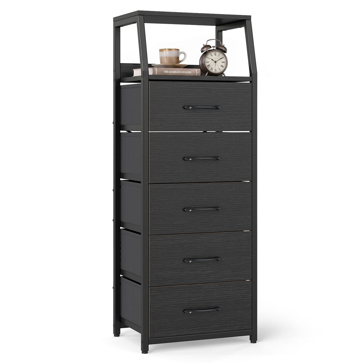 Black tall dresser with five fabric drawers, bedroom storage chest, 7-tier nightstand, made by Wilsons Home Store.