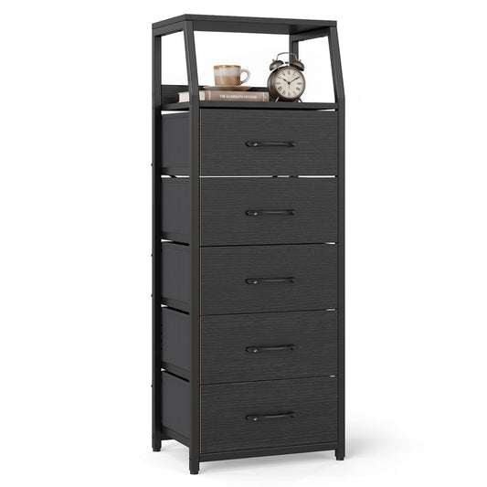Black tall dresser with five fabric drawers, bedroom storage chest, 7-tier nightstand, made by Wilsons Home Store.