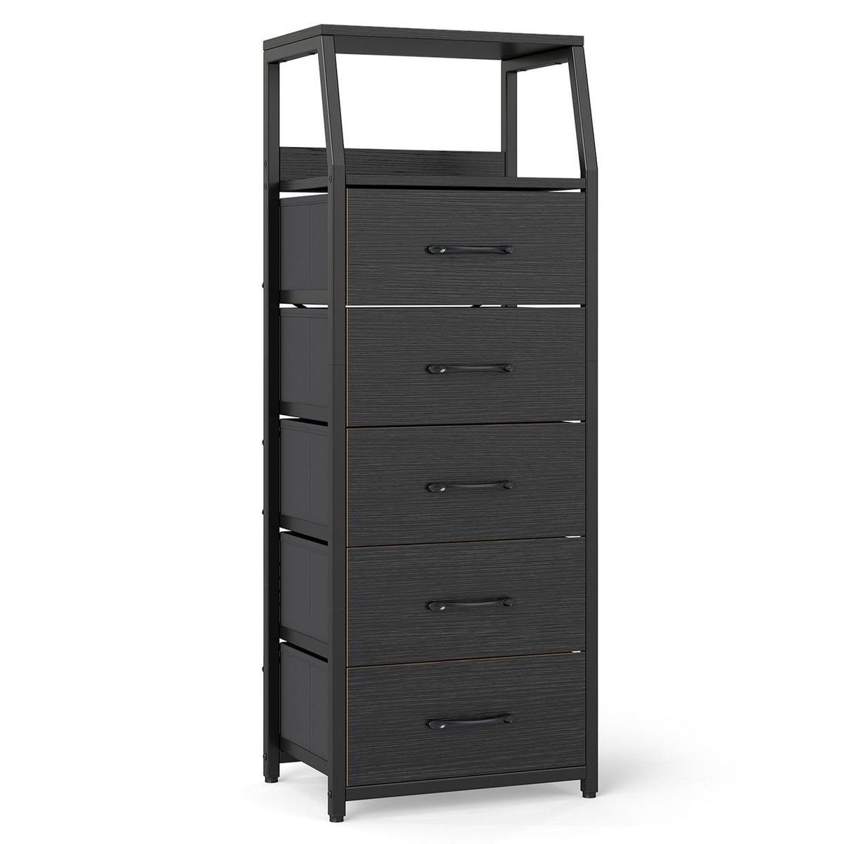 Black tall dresser with five fabric drawers, bedroom storage chest, 7-tier nightstand, made by Wilsons Home Store.