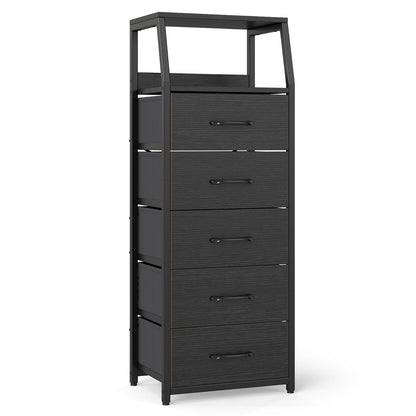Black tall dresser with five fabric drawers, bedroom storage chest, 7-tier nightstand, made by Wilsons Home Store.