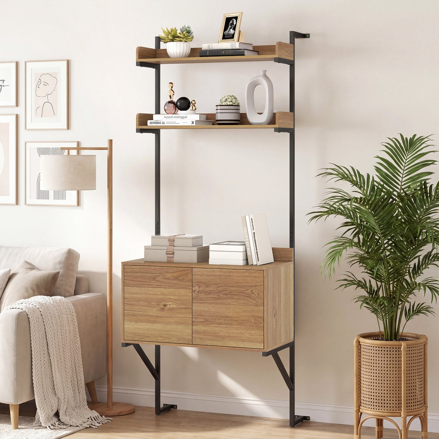 Natural wood tall ladder shelf with storage cabinet, wall-mounted bookcase for home office organization.