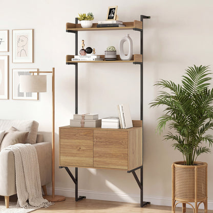 Natural wood tall ladder shelf with storage cabinet, wall-mounted bookcase for home office organization.
