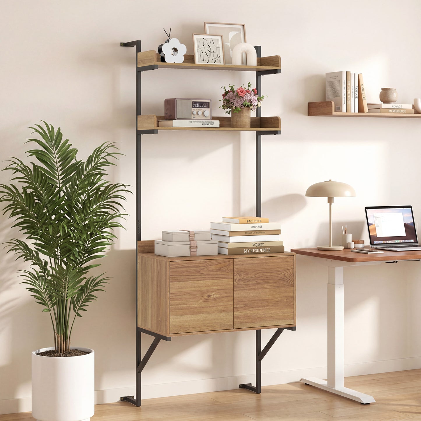 Natural wood tall ladder shelf with storage cabinet, wall-mounted bookcase for home office organization and display.
