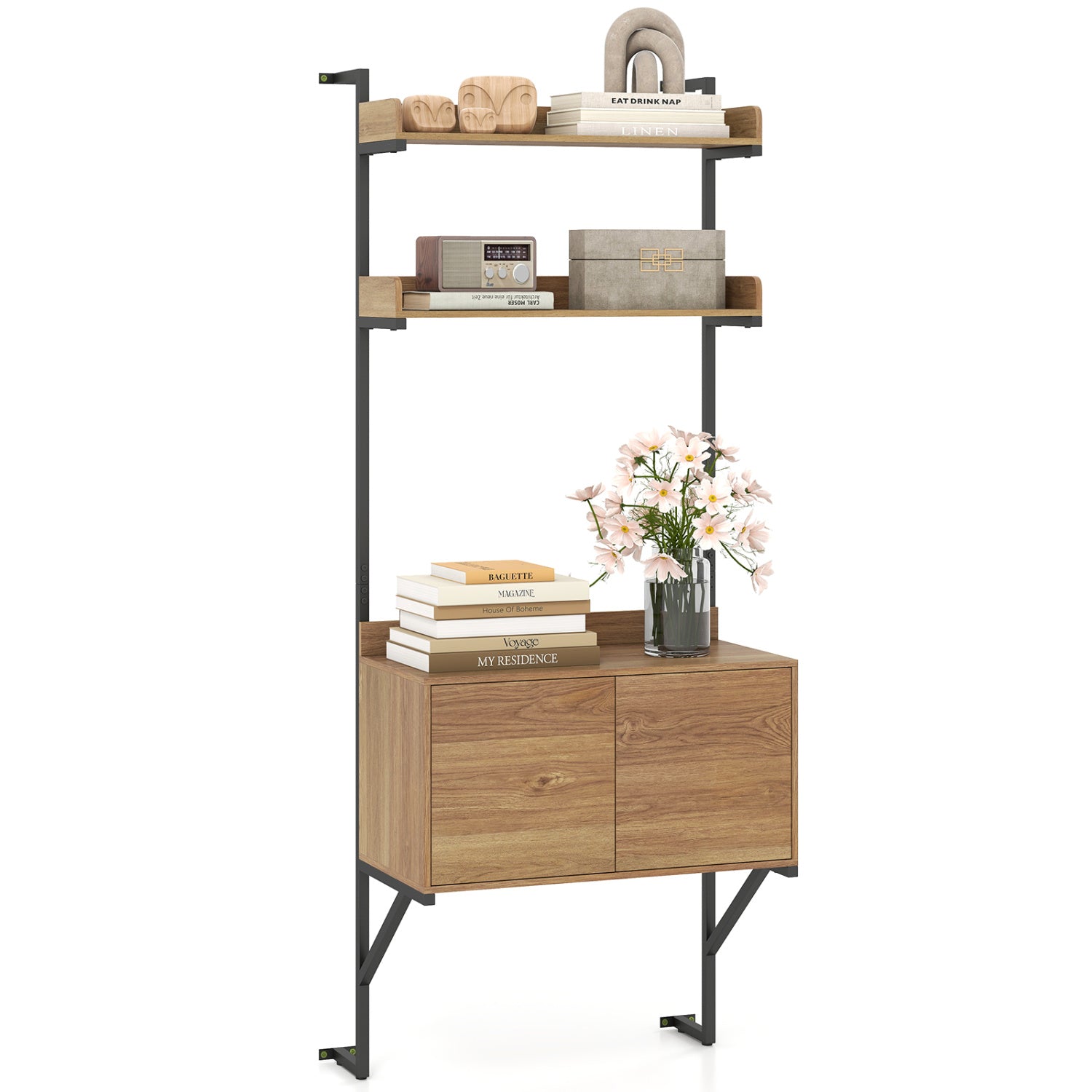 Natural wood tall ladder shelf with storage cabinet, narrow wall-mounted bookcase for home office organization.