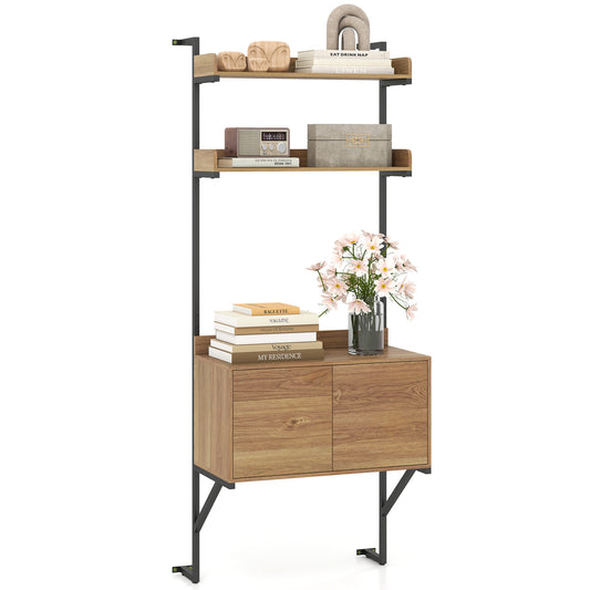 Tall Ladder Shelf with Storage Cabinet Narrow Wall Mounted Ladder Bookcase-Natural