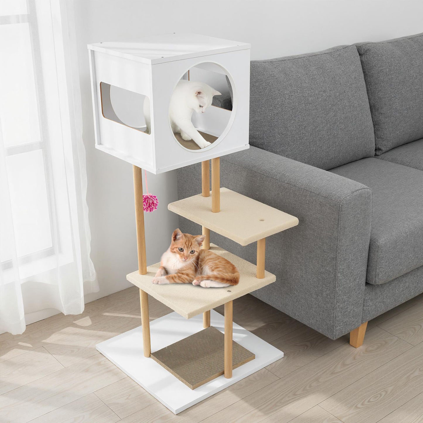 Tall Wood Cat Tower with 2 Corrugated Cardboard-White