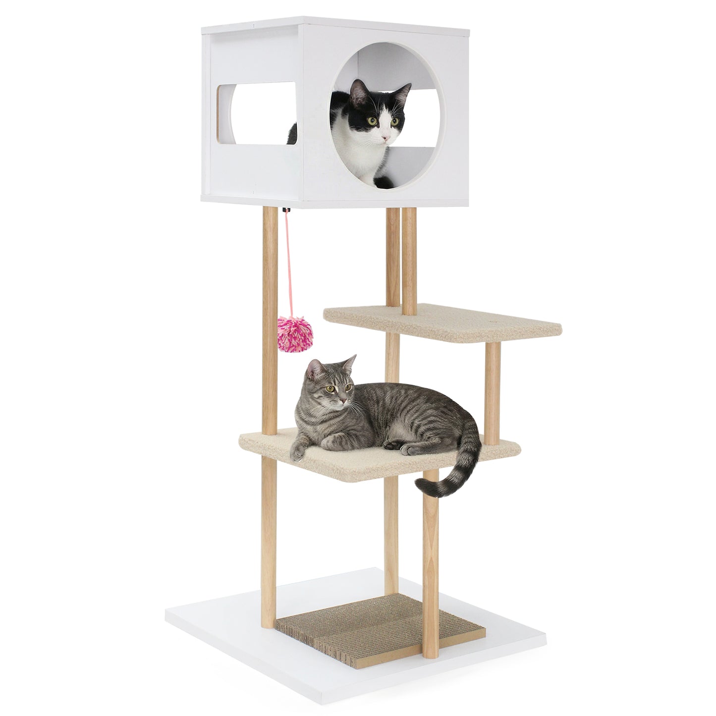 Tall Wood Cat Tower with 2 Corrugated Cardboard-White